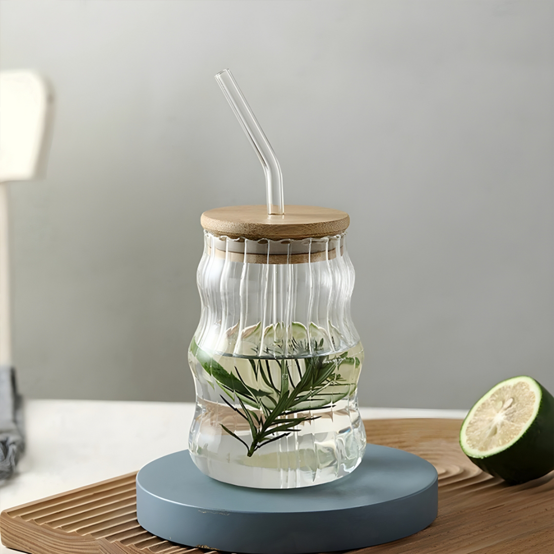 Ribbed Wavy Jar with Bamboo Top